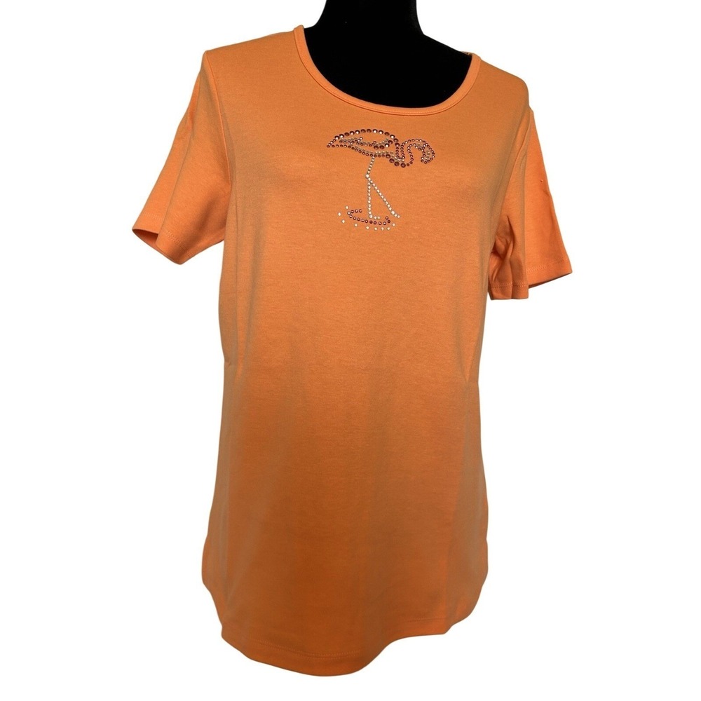 Quacker‎ Factory Orange with Rhinestone Stud Flamingo Shirt Blouse Size Small